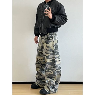 2025 Jeans Camuflados Masculinos Soltos – Perna Larga Lavada Vintage Americana Para Primavera , Roupa Casual Juvenil