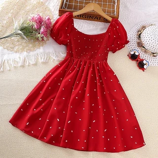 Vestido doce vermelho para meninas de 4 a 7 anos com gola quadrada e manga curta em formato de coração