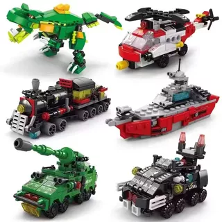 6 Em 1 Cidade Engenharia Carro Caminhão De Polícia mech Dinossauro Blocos De Construção Tanque Helicóptero Tijolos Fogo
