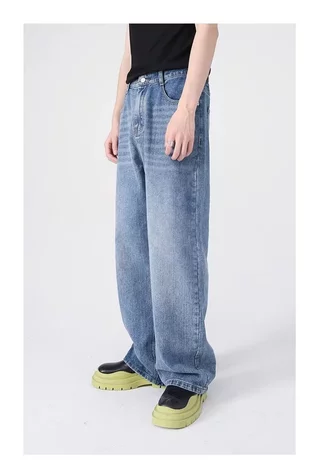 Jeans Masculinos Retrô Lavados – Cintura Alta , Perna Larga E Chão Para O Verão Urbano