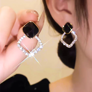 Brincos femininos 1 par temperamento simples preto geométrico incrustado zircão brincos de liga de diamante