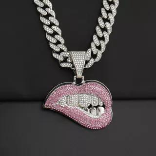 1 moda elegante requintado corrente grossa cheio de diamante strass lábio vermelho colar de corrente cubana