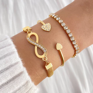 Conjunto de 3 peças símbolo ilimitado banhado a ouro pulseira retrô joias femininas com corrente de cobra de diamante pu