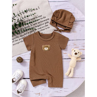 No Verão Novo Bebê Meninos Meninas Manga Curta Bodysuit + Chapéu 0-24 Meses Fino Respirável Pequeno Urso Waffle Macacão