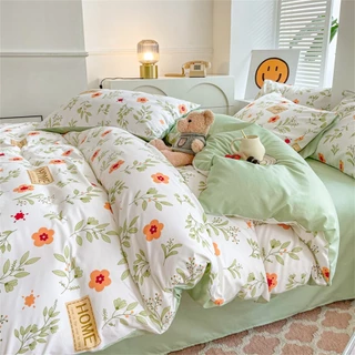 4pcs/Set Conjunto De Roupa De Cama De Coelho Floral Laranja Favorita Com Lençol Rosa (1 Capa Duvet + 2 Fronhas + 1 Plano) , Sem Conforto