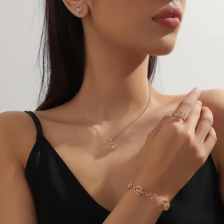 Europeu americano Cross-Border venda quente rosa roxo amor coração brincos pulseira conjunto moda colar anel 4 peças con