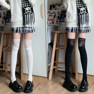 Jk meias na altura do joelho meias de renda femininas japonesas cor sólida Material de algodão puro macio e confortável.