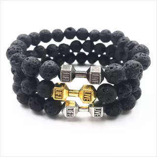 Pulseira De Pedra Vulcânica Natural Homem Matte Black Lave White Beads Charme Dumbbell Strand Pulseiras Mulher Barbell Fitness Jewelry