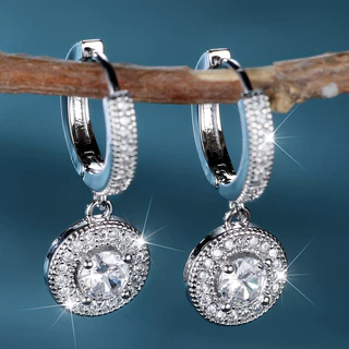 Brincos Simples de Luxo Redondos de Zircônio Branco Elegantes Brincos de Pingente de Senhora
