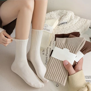 Meias de Outono Femininas Listras Verticais de Inverno Listras Verticais de Cor Sólida Meias de Tubo Médio ins Trendy All-Match Boneless Pile Socks Student
