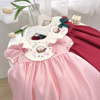 Lindo Vestido De Manga Curta De Verão Para Bebês Meninas – Gola De Boneca Elegante , Tecido Tafta Premium , Perfeito Dat