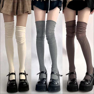 Meias femininas coxa meias finas meias altas cor sólida estilo japonês costura sobre o joelho pilha meias femininas