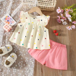 Roupas De Bebê Para Menina Polka Dot Top + Pink Verão De Algodão Crianças