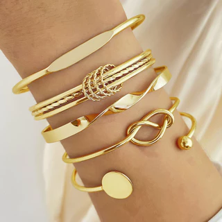 Conjunto De 5 Peças De Pulseiras De Metal Elegantes Douradas E Prateadas Com Nó De Coração Design Aberto Luxo