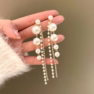 Brincos femininos 1 par moda luz luxo incrustado zircão pérola longa borla elegante brincos de liga