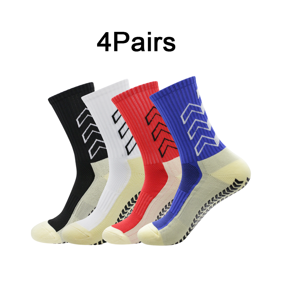 4 Pares Homens Homens Venda a Quente Mulheres Treinamento Abrangente Treinamento Fitness Tênis de Vôlei Rugby Rugby Sweat-Absorbent Meias de Silicone Respirável Meias de Futebol com Flecha Meias de Futebol de Piso Interior