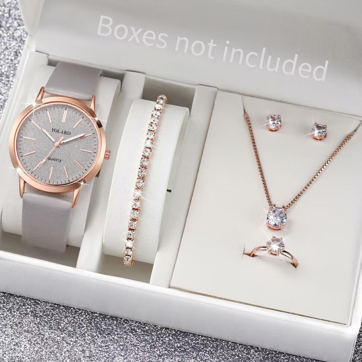 Kit 6 Peças Relógio Feminino Dial Matte com Pulseira de Couro e Jóias