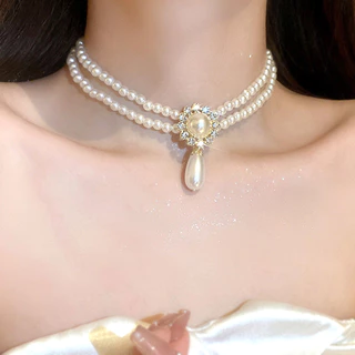 Colar feminino 1 peça elegante All-Match incrustado zircão colar de pérolas duplas