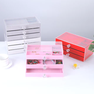 Caixa de armazenamento de jóias de três camadas de 1 peça, Cor: Cinza, Bege, Rosa, Brincos Brincos Jóias, À prova de poeira, Caixa de armazenamento de gavetas multifuncional, A concha é PS transparente, O interior é flanela.