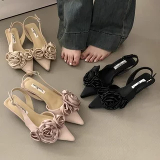 Sandálias com ponta francesas com ponta de dedo do pé Muller Mulheres Primavera Verão Fada Estilo Noturno Estilo Noturno Senhoras Sapatos com ponta de dedo do pé com ponta de flor francesa Sapatos com ponta de dedo do pé preto