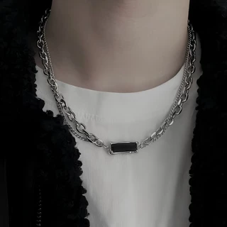 Colar Masculino E Feminino Com Pedras Preciosas Pretas De Camada Dupla , Adequado Para Ambos Os Gêneros , Jovens , Elega