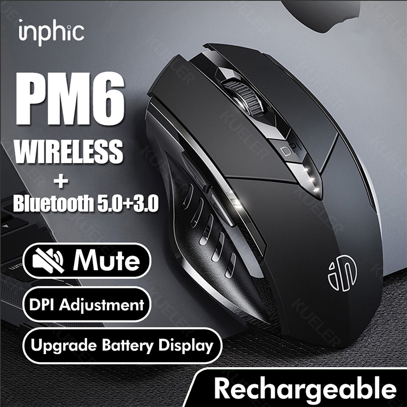 Mouse Sem Fio Recarregável 2.4G INPHIC PM-6 Office Mute Bluetooth Support PC Portátil Tablet Celular