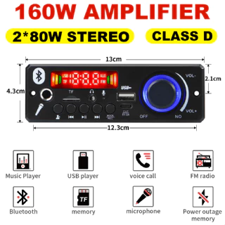 Amplificador 160W Bluetooth 5.0 Placa MP3 Player De Áudio 12V Com Módulo De Rádio FM Para Carro TF USB Mic