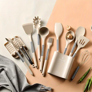 Conjunto De Utensílios De Cozinha Em Silicone Com Cabo De Tubo De Aço Inoxidável De 13 Peças , Pote Resistente Ao Calor E Antiaderente , Colher , Pá , Ferramentas Para