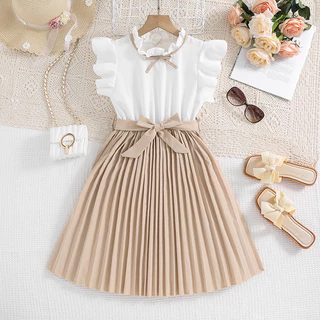 2024 primavera verão roupas infantis europeu americano novo estilo manga voadora vestido infantil com bloqueio de cores