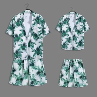 Summer New Style Japanese Island Suit Hainan Sanya Hawaiian Shirt Hawaiian Shirt Hawaiian Homens Calções de praia da moda Fato de casal estilo praia Cool
