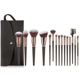 Pincéis De Maquiagem Profissional , 15 Peças , Conjunto De Preto , Bolsa PU , Champanhe , Ouro