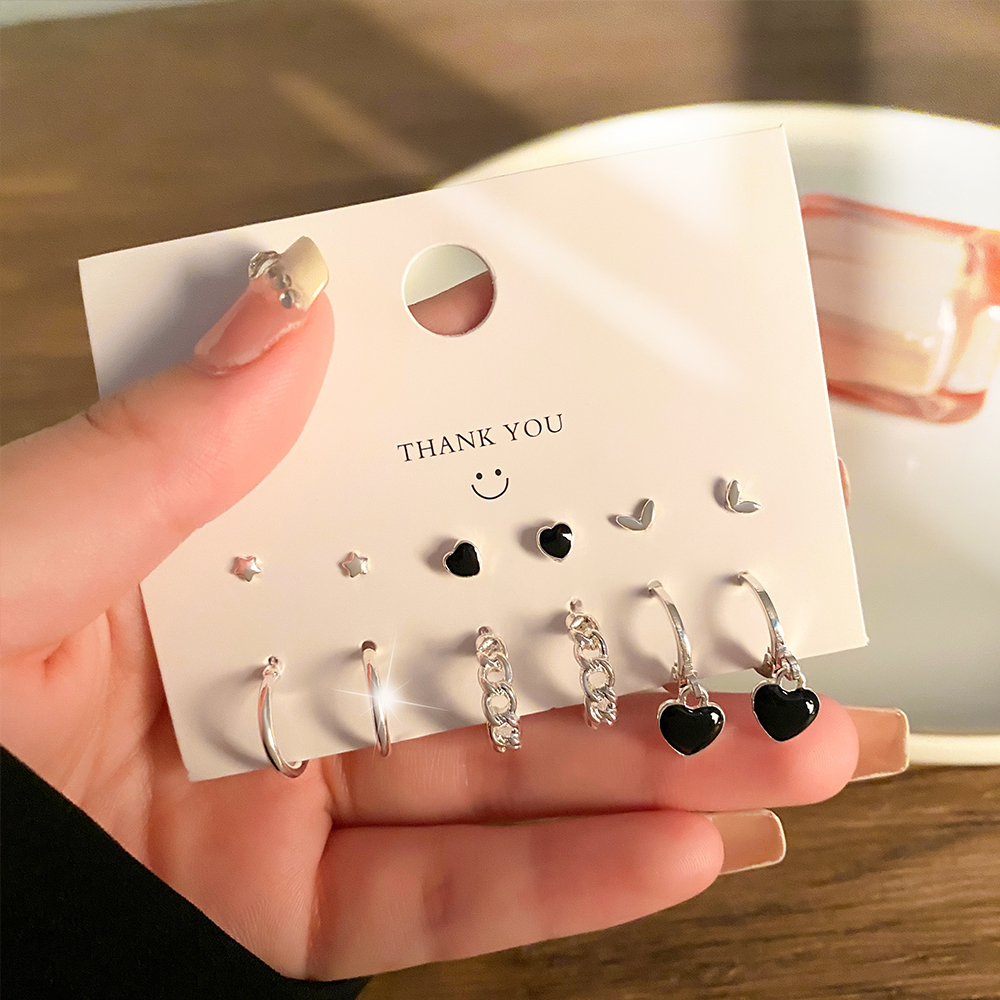 6pcs Sweet Cool Style Versão coreana estilo Sweet Cool Style Moda ins Love Bow Card Brincos High-End Jóias Femininas