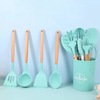 12 Pçs Conjunto De Utensílios De Cozinha De Silicone Panelas Antiaderente Alça De Madeira Pequeno Ferramentas