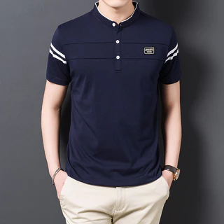 Camiseta POLO Masculina Verão Manga Curta Algodão Respirável Top Stand Up Pescoço Longo Coreana Confortável