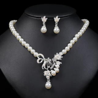 Conjunto De Brincos De Colar De Pérolas , Elegante E Vanguarda , Acessórios De Vestido De Casamento De Flores Em Forma D