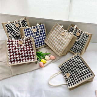 Saco de 1 peça de tecido feminino Saco de Outono Novo Estilo Bolsa de mão listrada Simples Saco de Almoço Linho Saco Pequeno Feminino