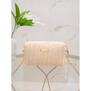 Bolsa Fashion Beach Saco de Praia Saco de Metal com Corrente de Palha Saco Simples para Senhoras Saco Quadrado Pequeno com Zíper Saco Leve para Mulheres