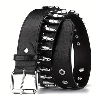 Cinto Punk Preto Sem Gênero com Fivela de Bala para Calça Jeans Moda Olhar Negrito