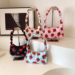 1pc Cute Cherry Strawberry print Casual Tote Bag Grande Capacidade Saco De Compras Nylon Estética Mão baguette Para Mulheres Festas E Viagens L