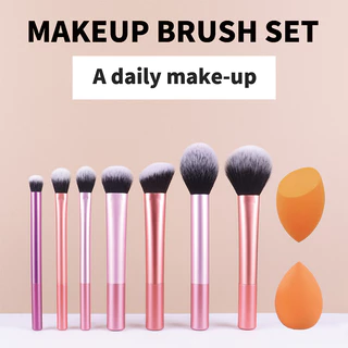 Conjunto completo multifuncional de 7 peças Conjunto de maquiagem Pincel para pó solto Pincel para Blush Pincel para base Pincel para sombra Pincel para tintura de estrela Pincel para contorno + 1 peça Ovo de beleza chanfrado + 1 peça Ovo de beleza com g