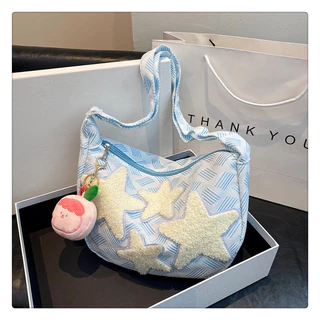 Cutel Girl Five-pointed Star Literary Casual Female Bag Versão coreana Trendy Fashion Saco de grande capacidade Cross-body Bag, Entrega real sem Pingente