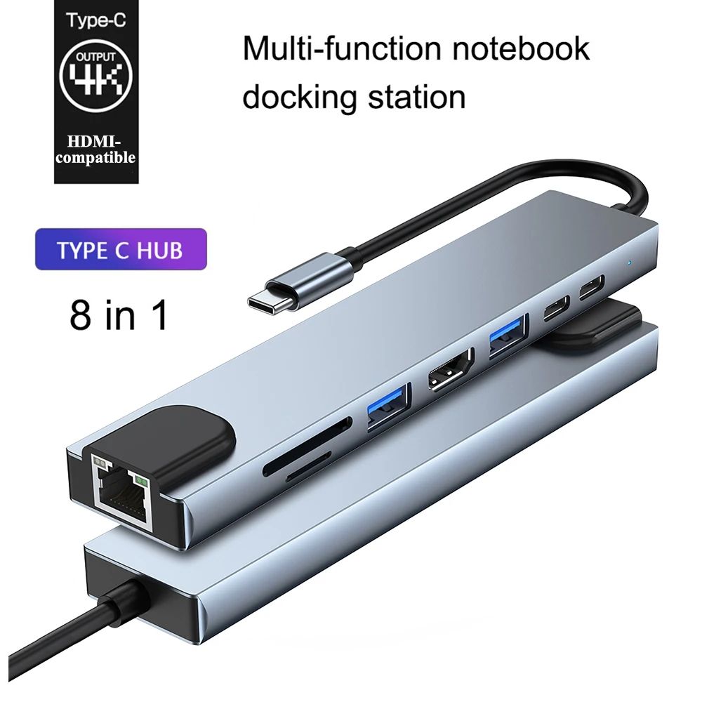 8 Em 1 Hub USB C Tipo-Para Multiportas 4K HDMI RJ45 PD Carga Leitor De ...