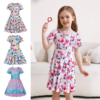 Meninas Casual Vestido De Verão Gato Impresso Manga Curta Escola A Linha Vestidos Roupas De Cor Sonhador