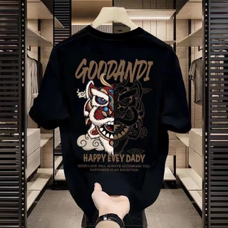 Hong Kong Style Ice Silk Summer Depicting Lion Impressão Camiseta de manga curta Homens Mulheres Camiseta de manga solta Meia manga