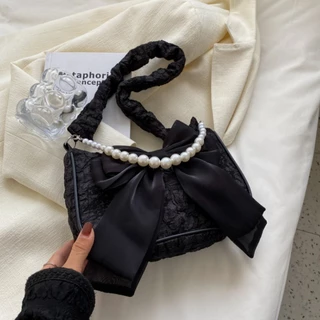 Moda Retro Mala de mão preta-Pérola embelezada com Design de arco Saco de senhora com ombro