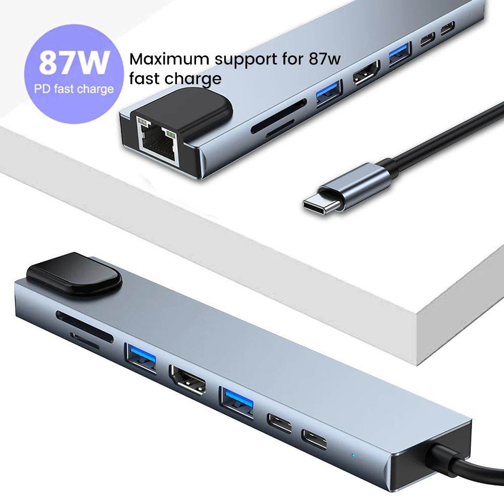 8 Em 1 Hub USB C Tipo-Para Multiportas 4K HDMI RJ45 PD Carga Leitor De ...