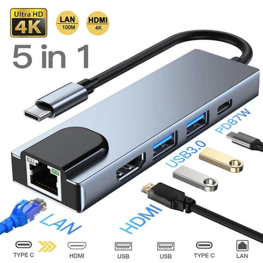 5-Em-1 USB C HUB Tipo Para RJ45 Ethernet LAN 4K Adaptador HDMI Com 3.0 ...