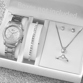 Relógio feminino moda cravejado de diamantes falso mostrador de três olhos pulseira de aço relógio de quartzo conjunto d