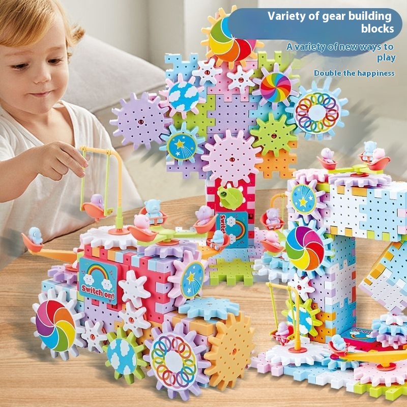 Brinquedo de montar com blocos de construção e engrenagens giratórias ...