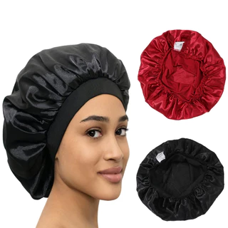 2 Pacotes de Capa Satin Chapéu de Sono com Faixa Elástica Larga para Cabelos Longos Cacheados (Preto + Vermelho)